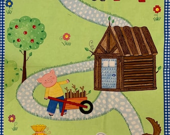 May include: A colorful illustration of the Three Little Pigs story. The first pig built a house of straw, the second pig built a house of sticks, and the third pig built a house of bricks. The wolf huffed and puffed and blew down the straw and stick houses, but the brick house remained standing.
