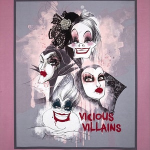 Vicious villains, rare out of print disney villains fabric panel, Disney villains cotton panel, villains panel art