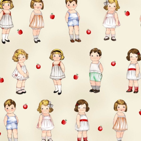 Paper dolls fabric, Rare Paper dolls school house sibling arts studio, cutest  little dolls,  1930s  children vintage kids  fabric