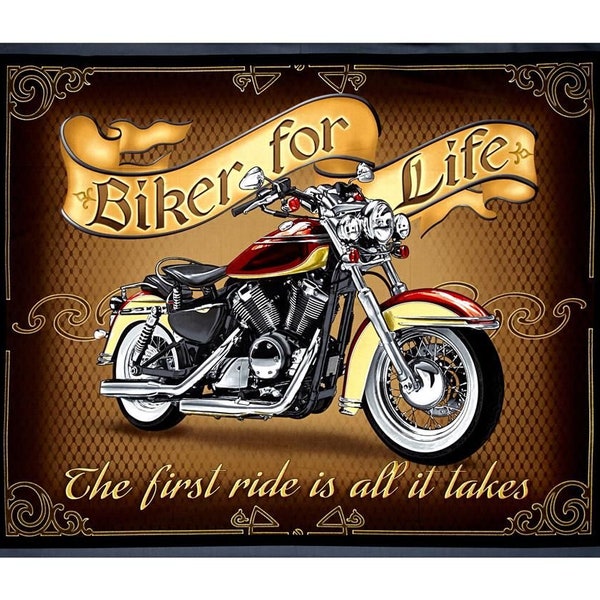 Biker for life panel, quilting treasures motorcycle fabric for motorcyclist quilt panel fabric