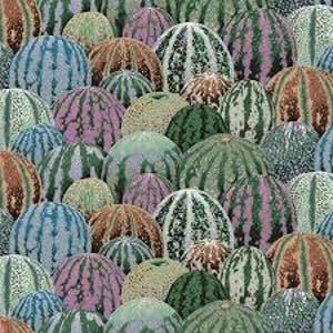 May include: A repeating pattern of round melons featuring various rind textures and colours including shades of green, blue, pink, and brown. The design displays multiple spherical fruits with distinct striped and speckled markings across the surface.