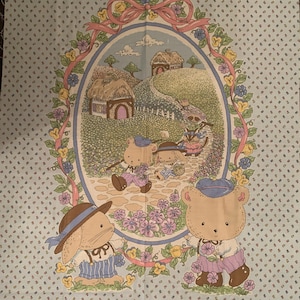 Bunny family raccoons fabric panel cottages country panel fabric sweet vintage bunny animal panel Marcus brothers Sweet Willam Collection