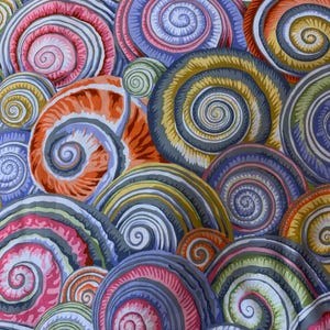 May include: A fabric pattern featuring a dense, overlapping arrangement of spiral shell motifs in a vibrant colour palette including shades of orange, pink, purple, yellow, and green. Each spiral displays concentric lines radiating from a central point.