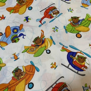 Teddy bear fabric, airplanes helicopters baby zoom flying high Northcott  bears cotton  Bears teddy bears by the yard