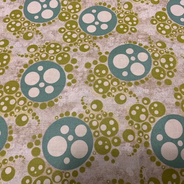 Blue & green bubbles, retro style , Andover 2012  HTF Lonni Rossi Fabric  Cotton in Metallic  fabric  by 1/2 yard