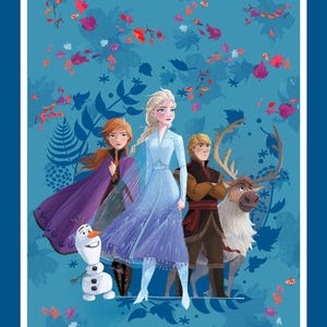 May include: A vibrant illustration featuring characters from the animated film Frozen. The image showcases Elsa, Anna, Kristoff, Olaf, and Sven against a teal background with floral and leaf accents. The characters are in their signature outfits.