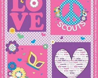Girl Scouts of America, girl guides love hearts scouting fabric,  Riley Blake  cotton panel  fabric full yard