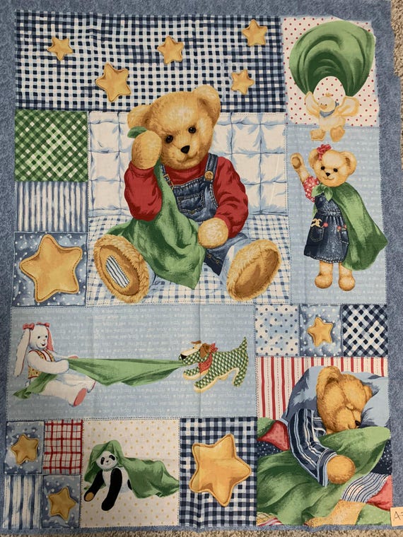 Blue Jean Teddy Toys Vintage Sleeping Sleep Goodnight Quilt Panel