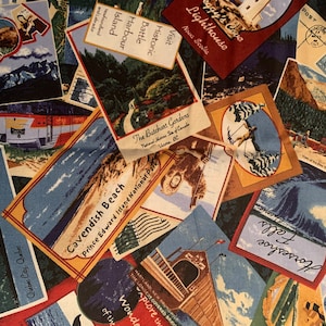 Tissu en coton Salutations du Canada, Découvrez le Canada, myrtilles 2008, cartes postales, tissu pour courtepointe touristique, Maritimes, Québec, par mètre