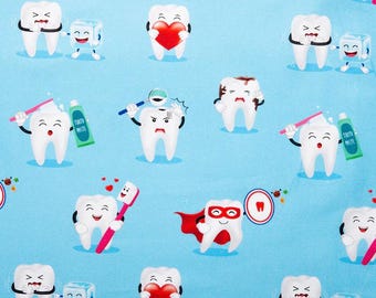 Dentist fabric, tooth cotton fabric, cutest dentist hygienist fabric for scrubs or mask fabric, sold by the yard