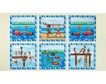 Letni, fantazyjny panel do pływania Swimming Lady Boardwalk Cotton Fabric Elizabeths Studio OOP panel do pływania na plaży