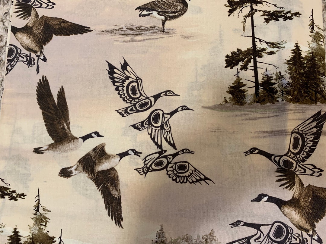 Indigenous Cotton Fabric, Canada Loons Ducks Loons Sunset Birds Flying