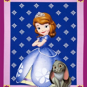 May include: A blue and white princess-themed fabric featuring a cartoon image of a princess in a blue dress and a crown, with a grey rabbit beside her. The background is a blue fabric with white flowers.