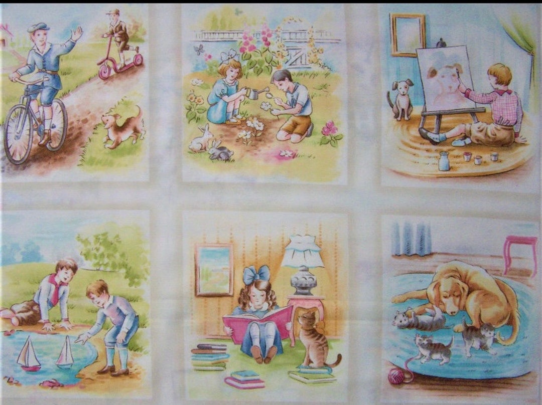 Clothworks Storybook Panel, Vintage Kids Cotton Quilt Panel, Vintage