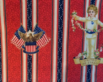 May include: Red, white, and blue fabric with a striped pattern. The fabric features an eagle with outstretched wings holding three American flags and a shield with stars and stripes. The fabric also features a child holding a floral garland and a banner that reads "United We Stand".