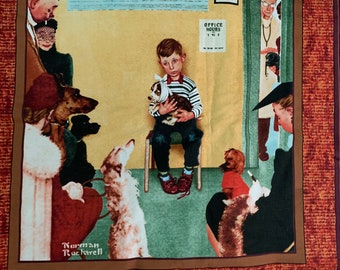 Norman Rockwell Saturday evening post veterinary dog doctors office visit kids  for pillow fabric, cotton , by the two squares panel
