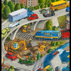 May include: A detailed illustration of a city scene featuring a variety of transport. A blue articulated lorry, red cars, a yellow school bus, and a train are on the roads and tracks. Boats and a jet ski are in the water. Construction equipment is also visible.
