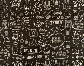 Dentist fabric, tooth cotton hygiene, tooth fabric , cutest dentist brush teeth hygienist  cotton fabric sold by the yard