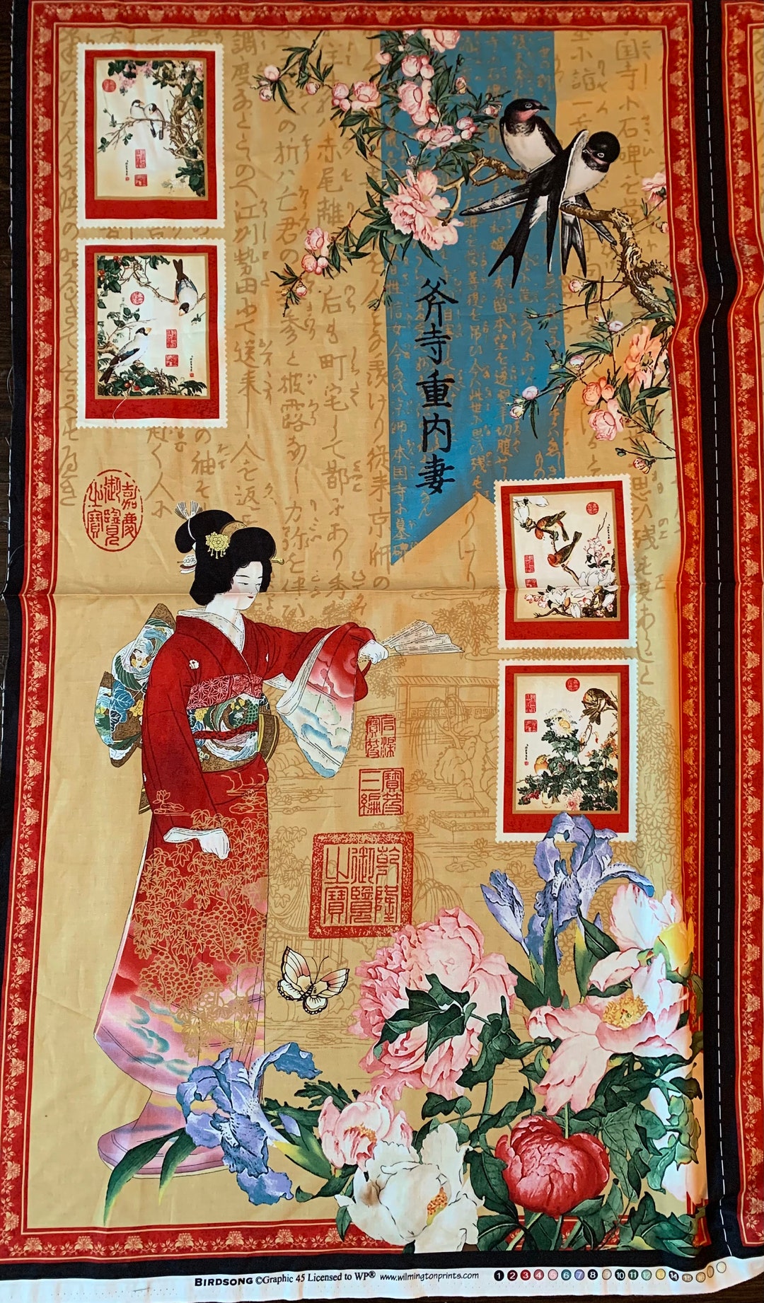 Japan Panel Fabric, Birdsong Fabric, Japan Kimono Geisha Cotton Panel