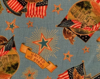 Patriotic American quilt fabric John Grossman, United we stand, Liberty bell, america military flag cotton vintage fabric by the yard