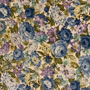 May include: Floral fabric featuring a repeating pattern of blue, purple, and yellow flowers with green leaves on a cream background. The flowers include roses, hydrangeas, and other blooms.