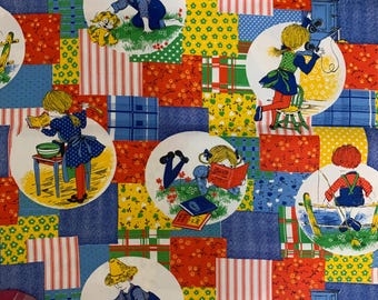 Vintage girl boy Holly hobbie fabric, thick stiff cotton canvas fabric vintage extra wide by the 1/2 yard