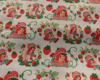Strawberry shortcake fabric, Strawberry shortcake  and friends polyester rayon shiny blend fabric,  rare strawberry  last piece 56x20 inches