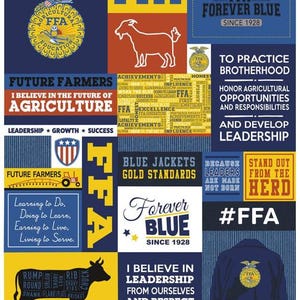 May include: A colorful fabric print with a blue and yellow background. The print features the FFA logo, a goat, and text that says "FFA Forever Blue" and "Future Farmers".