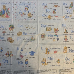 May include: A fabric panel featuring illustrations from Peter Rabbit's alphabet. Each letter is accompanied by a corresponding image and word, such as "A is for apples" and "B is for bunny." The panel has a light blue and white color scheme.