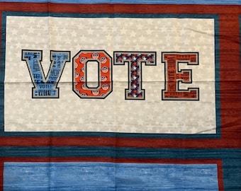 May include: Three rows of the word "VOTE" in large, bold letters. Each letter is made up of smaller, repeated images of the word "VOTE" in red, white, and blue. The background is a woodgrain pattern.
