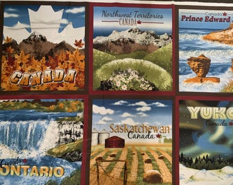 May include: Fabric panel featuring six rectangular images of Canadian landscapes. The images include mountain ranges, waterfalls, and fields, each labeled with a Canadian province or territory name. The word "Canada" is also featured.