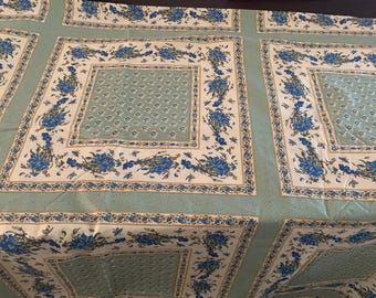French Provence provencial vintage cotton tablecloth fabric wide flower green blue  by the yard 60x36 inches