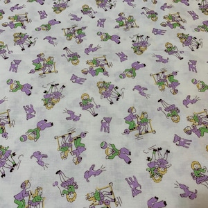 May include: White fabric with a repeating pattern of purple children riding scooters and playing with balls. The children are wearing purple dresses and have blonde hair. There are also small purple dogs in the pattern.