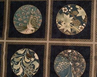 Peacock bird Japanese panel fabric, metallic  gold Japan peacock Kona  bay  Cotton quilt fabric  panel 3 rows