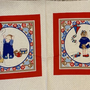 Lehmman and Weber sweet playing children panel with sweet border, girl boy blocks toys vintage cotton panel