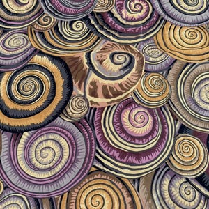 May include: An abstract pattern of overlapping spirals in shades of purple, gold, brown, and grey. The design has a textured appearance, with each spiral having a unique colour palette and size.