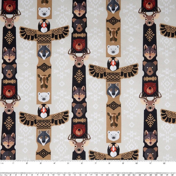 Totem pole Fabric, totem poles, indigenous style native fabric Canada Cotton by the 1/2 yard