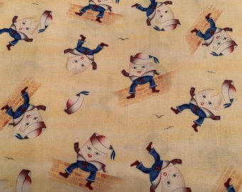 Humpty Dumpty sat on the wall nursery rhyme fabric, Faye Whitaker for Elizabeth Studios   kids cotton fabric by the yard