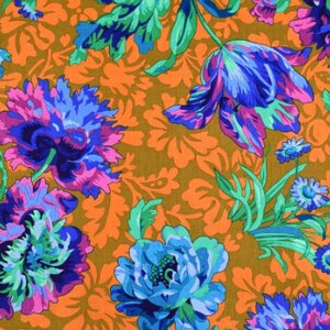 May include: Detailed image of a floral fabric featuring a repeating pattern of large, stylized flowers. The flowers are in shades of blue, pink, and green against a warm orange-brown background. The design includes detailed leaves and smaller floral elements.