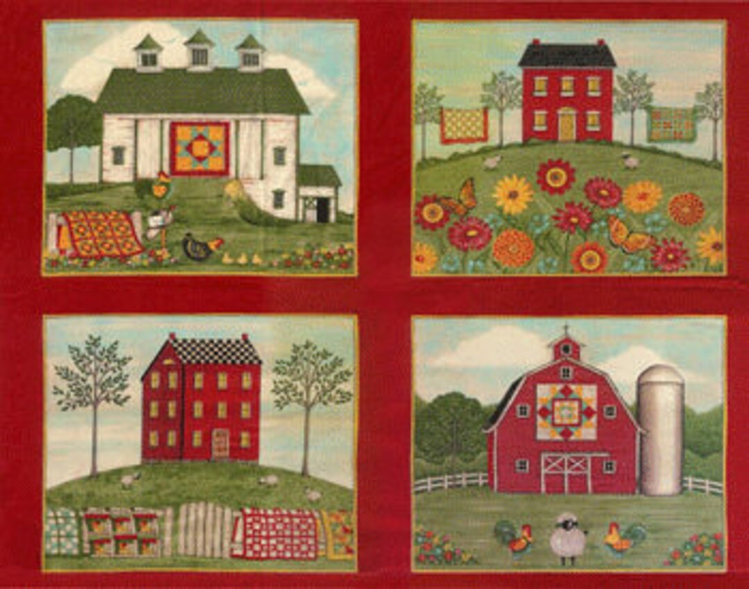 Vintage Barns Panel, Coming Home Fabric, Deb Strain Moda Fabrics Panel, Barn Countryside Panel