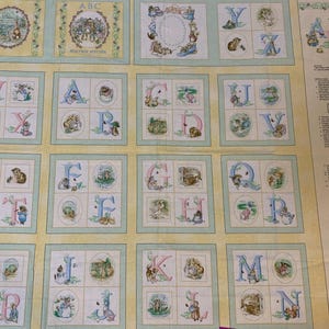 Peut inclure: Un panneau de tissu avec un fond jaune et des bordures vertes. Le panneau présente un alphabet coloré avec des illustrations d'animaux et de scènes. Les lettres sont dans un cercle avec un fond bleu. Le texte "ABC" est en haut du panneau. Le texte "Heather Pattern" est sous les lettres.