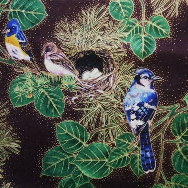 Bird fabric, Blue Jay Nest Hoffman Aspen Creek Pine Metallic Fabric last 16 inches