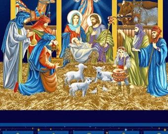 May include: A fabric panel featuring a Nativity scene with angels, the Holy Family, and the Three Wise Men. The artwork is set against a starry blue background with gold accents. The bottom section has Christmas-themed ornaments.