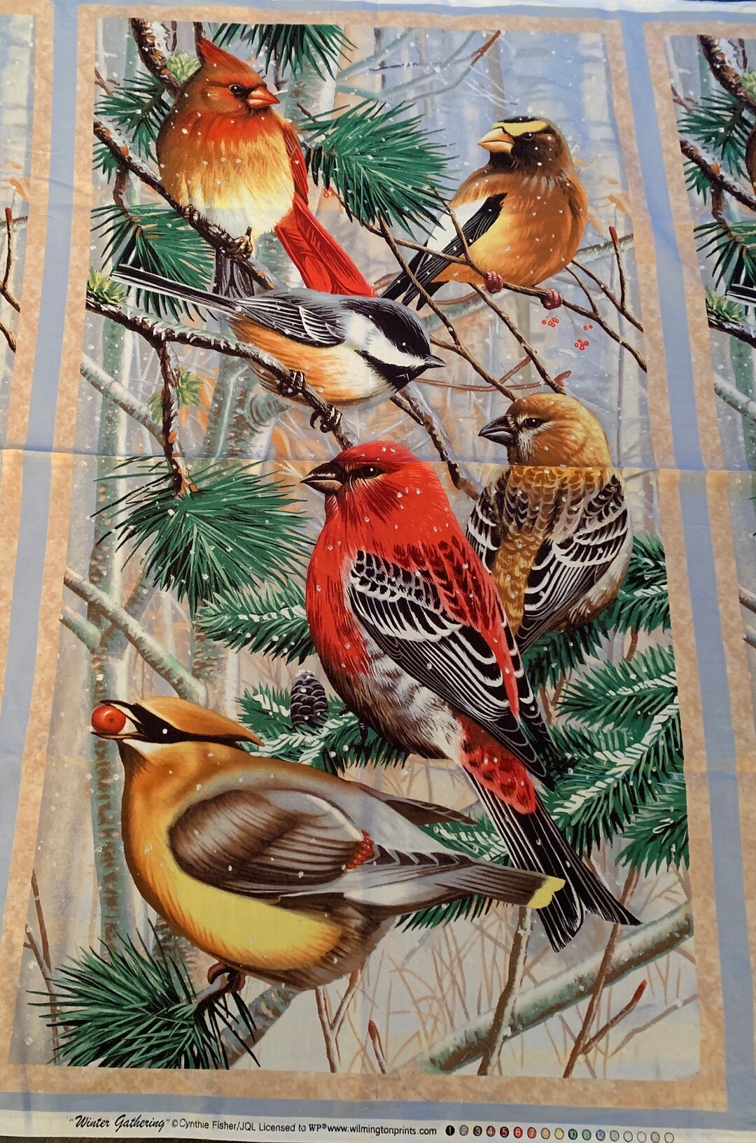 Birds Cotton Fabric Panel, Winter Gathering Cynthie Fisher Wilmington