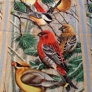 Birds  cotton Fabric panel, winter gathering cynthie fisher Wilmington prints birds winter Cotton panel fabric