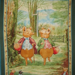 May include: A rectangular fabric panel featuring a watercolor illustration of two anthropomorphic pigs walking along a path. The pigs wear jackets, vests, and cravats. A signpost reads Over the Hills. Smaller pigs appear at the bottom corners.