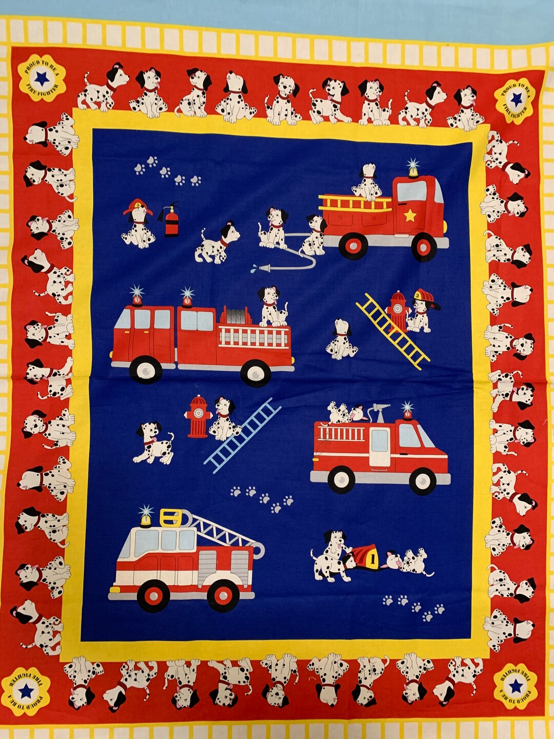 Dalmation Rescue Firefighters to the Rescue Fabric Book Panel, Fire