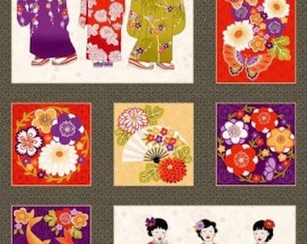 Kimono Japanese Geisha Fans Cranes Koi Flowers Cotton Quilting Panel Fabric Japan fabric, kimono geisha  fabric, Japanese fabric Mankower UK