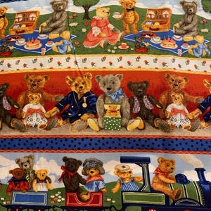 May include: A colorful fabric panel with a repeating pattern of teddy bears. The bears are wearing different outfits and are holding various items, including picnic baskets, teacups, and flowers. The fabric is perfect for quilting, crafts, and home decor.