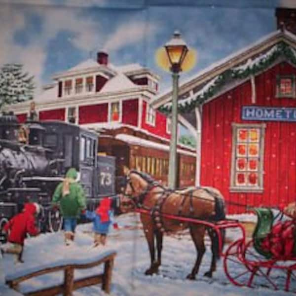 SNOW DAY John Sloane Wilmington Fabrics hometown  scene vintage scene  train Cotton panel fabric